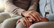 © peopleimages.com - Holding hands, senior and couple with support in living room, empathy and love with care on couch. Lounge, marriage and people, elderly and retirement in house or apartment with compassion in home