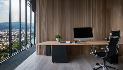 A modern office interior with a wooden wall, city view window, computer on desk, and empty white wall space for a mock-up. Light is natural.