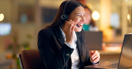 Poster - Woman, headphone and mic with laptop on call as contact center, agent or sales representative in office. Female person, consultant and virtual assistant at workplace for technical, support or chat