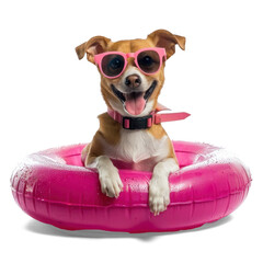 Wall Mural - Smiling dog wearing sunglasses with inflatable float pool on transparency background PNG
