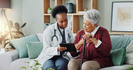 Wall Mural - Elderly, woman and doctor with tablet for consultation with expert advice, explaining and healthcare support. Senior patient, nurse and discussion in nursing home, medical diagnosis and assessment