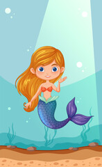 Canvas Print - Vector illustration of a happy mermaid underwater