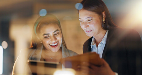 Wall Mural - laptop, tablet and collaboration with business people at night in the office together for teamwork. 