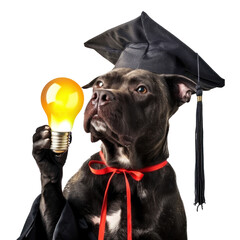 Dog full body wearing graduate cap and holding light bulb on transparency background PNG
