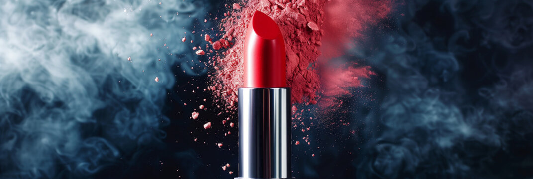 a close up of a red lipstick with a red powdery substance surrounding it. the lipstick is positioned
