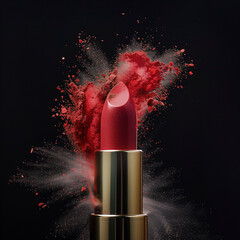 Wall Mural - A close up of a red lipstick with a red powdery substance surrounding it. The lipstick is positioned in the center of the image, with the powdery substance extending outwards from it