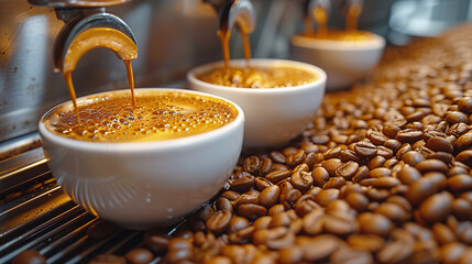 The aroma and flavor of two cups of coffee in a close-up view 