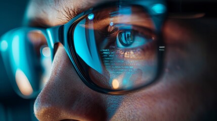 A man is wearing glasses and looking at a computer screen