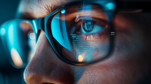 a man is wearing glasses and looking at a computer screen