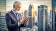 © N7 - Executive Decision-Making: A senior executive reviewing digital data on a tablet, making crucial business decisions, with a cityscape in the background, portraying leadership and responsibility.