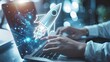 © kinza - Startup business concept, Businessman use laptop with virtual screen of rocket icon and up arrow for fast start up business. Strategic planning and business success.