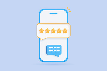 3D Phone with customer feedback and speech bubble message. Smartphone with five star rating on screen. Positive user reviews. Satisfaction survey. Cartoon design icon. 3D Vector illustration