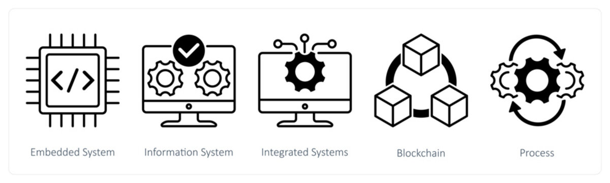 A set of 5 Industrial icons as embedded ystem, information system, integrated systems