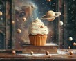 © Bantita - Cupcake adorned with celestial symbols on a book shelf floating through the universe,