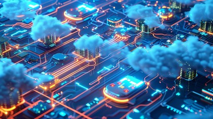 Vibrant Network Cables and Cloud Computing Nodes, Showcasing Connectivity and Data Transmission