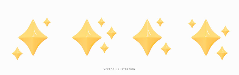 Wall Mural - 3d gold star sparkle set emoji. cute shiny star shaped object. magic elements. party confetti. carto
