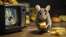A Small Brown Mouse Is Sitting On A Hunk Of Yellow Cheese In A Large, Cold Room With Metal Shelves Lined With More Cheese.