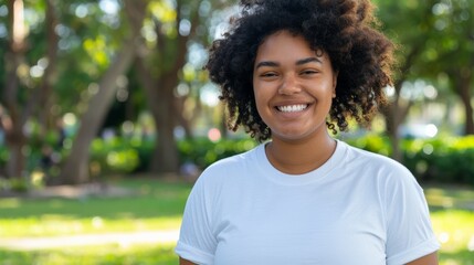 Millennial Plus-size woman wearing a blank white t-shirt mockup template, smiling in a city park