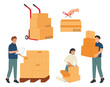 © Anastasiia - Delivery and packaging process. People pack, deliver, receive and unpack purchases. Mail box delivery.