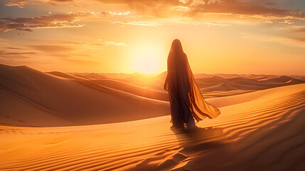 arabian woman walk in the desert sand and dunes at sunset