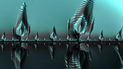 Wall Mural - Blue dark fractal tree landscape with reflection in water. Loop able modern abstract nature background animation