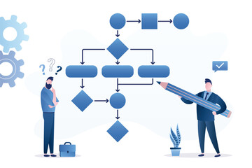 Work algorithm. Teamwork, businessmen write workflow diagram process. Business process or model, flowchart to get result, map or plan for business procedure