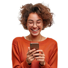 Happy Young Woman Enjoying Smartphone Use on Transparent Background Perfect for Technology and Social Media Themes