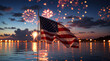 © All Creative Lines - Fireworks in night sky above water, celebration of usa independence day, 4th of July. Red, blue, white American national flag, festive holiday of freedom, patriotic event, party