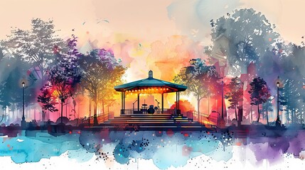 A retro festival with classic bandstands and vintage design elements, creating a nostalgic atmosphere, Vintage, Watercolor