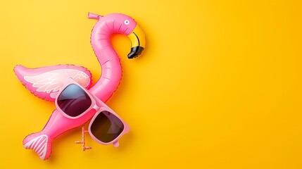 Minimal simple flat lay with plane sunglasses and Inflatable flamingo isolated on yellow background