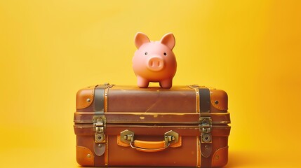 Piggy bank on travel suitcase on yellow background