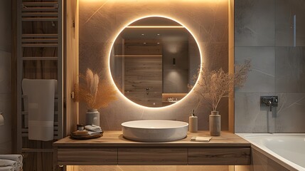 A circular mirror with LED lights around it hangs on the wall of an elegant bathroom, creating a warm and inviting atmosphere in your home.
