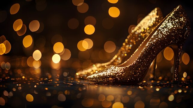 A pair of high heels with gold sequins, shining under the lights on black background. The shoes have pointed be part of an elegant evening dress or special event attire.
