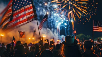 A patriotic crowd celebrating Independence Day with American flags, fireworks illuminating the night sky, and professional lighting highlighting the excitement