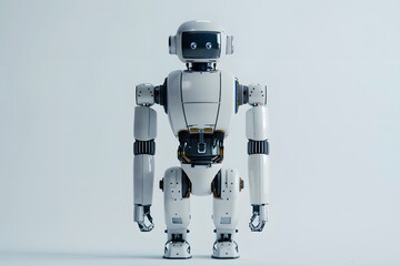 Full lenght large, humanoid robot with intricate mechanical parts and articulated joints, standing against a plain, light background. 