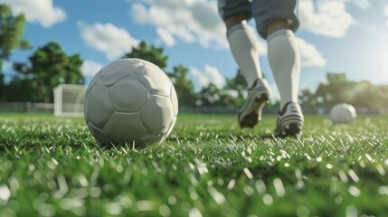 close-up. soccer ball and football player's legs, playing on the field