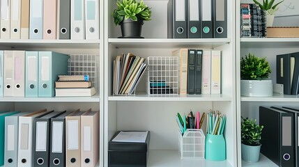 White bookshelves with black and white documents, a small plastic box in the middle of one shelf containing stationery and an open notebook.
