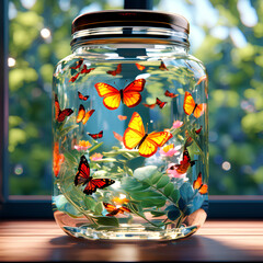 Wall Mural - glass jar with butterflies 