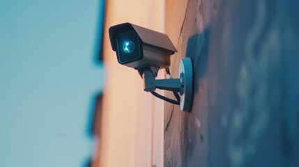 A vertical view of a security camera mounted on a wall.

