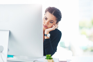 Aufkleber - Woman, employee and sad on computer in office for internet or online error with research for ideas. Female person, pc and stress or tired with burnout from deadline, project or task as copy writer