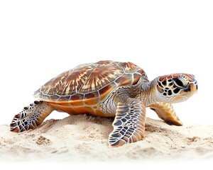 A turtle slowly making its way across a sandy beach, isolated on white background, copy space