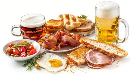 bavarians breakfast and beers, isolated on white background