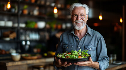 Wall Mural - Portrait of smiling senior white-haired man ready to eat a salad of fresh summer fruits. Breakfast or lunch time, healthy eating.