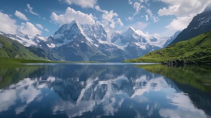 Wall Mural - majestic Swiss Alps with snow-capped peaks and lush green valleys, crystal-clear alpine lakes reflecting the mountains