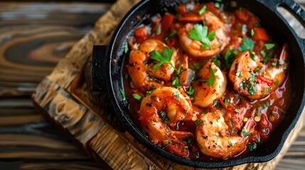 Poster - Top view of a delicious shrimp dish in a black pan. Vibrant colors. Delicious seafood meal and stylish food photography. AI