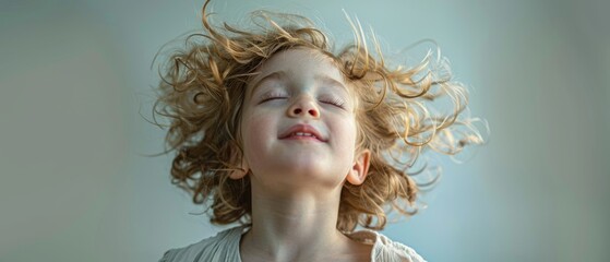 Wall Mural - A young girl with blonde hair is smiling and looking up at the camera