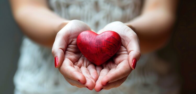 Soft focus image of woman's hands cradling a red heart, gentle lighting, tender moment captured. 