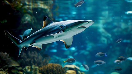 Wall Mural - Majestic Shark Swimming Gracefully in a Serene Underwater Scene. Vivid Marine Life, Ideal for Educational and Decorative Use. Oceanic Predator in Natural Habitat. AI