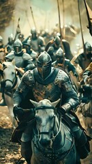 Wall Mural - A cinematic still of medieval knights in armor charging into battle