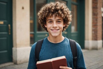 Portrait of smiling smart curly haired teenage boy holding book looking at camera. Back to school, Education concept